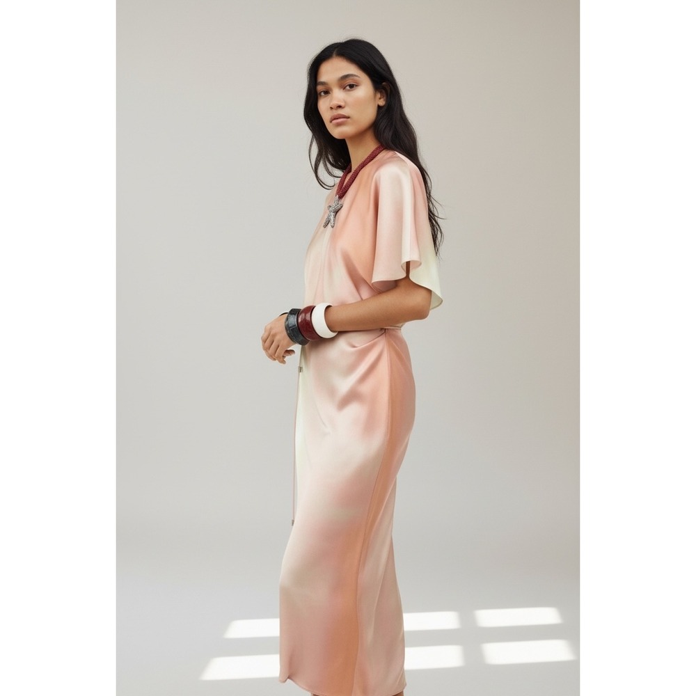 Zara Tie Dye Satin Midi Dress Pink‎ Green Short Sleeve Open Back 3206/300/098